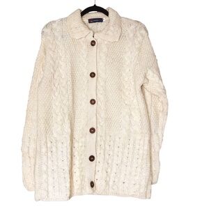 British Wool Naturally 100% Cream Aran Cable Knit Button Front Cardigan Sweater